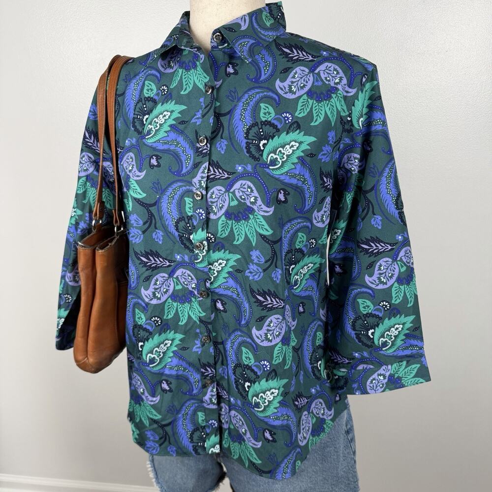 Lands’ End Women’s 12P Paisley Floral Button Down Shirt Green Blue NWT Supima